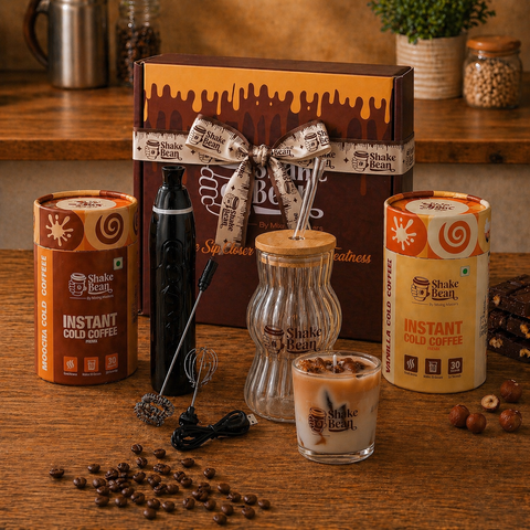Shake Bean Premium Cold Coffee Gift Hamper – Vanilla & Mocha Instant Coffee Combo with Electric Frother, Glass Tumbler Fragrance Candle & Gift Box